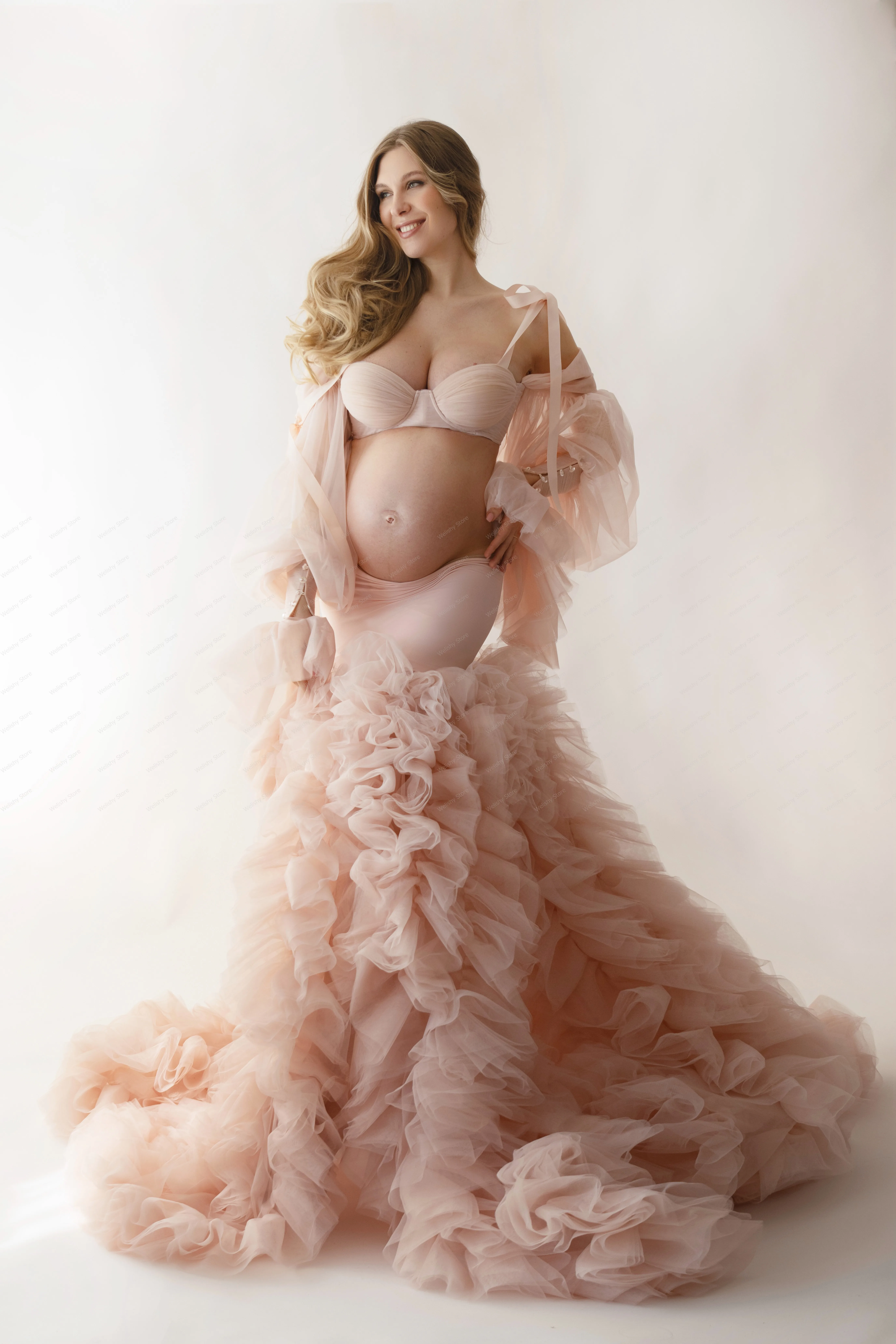 Vestidos de maternidade bonitos com mangas e babados, duas peças, vestidos de gravidez malha sereia, vestidos de fotografia fofos