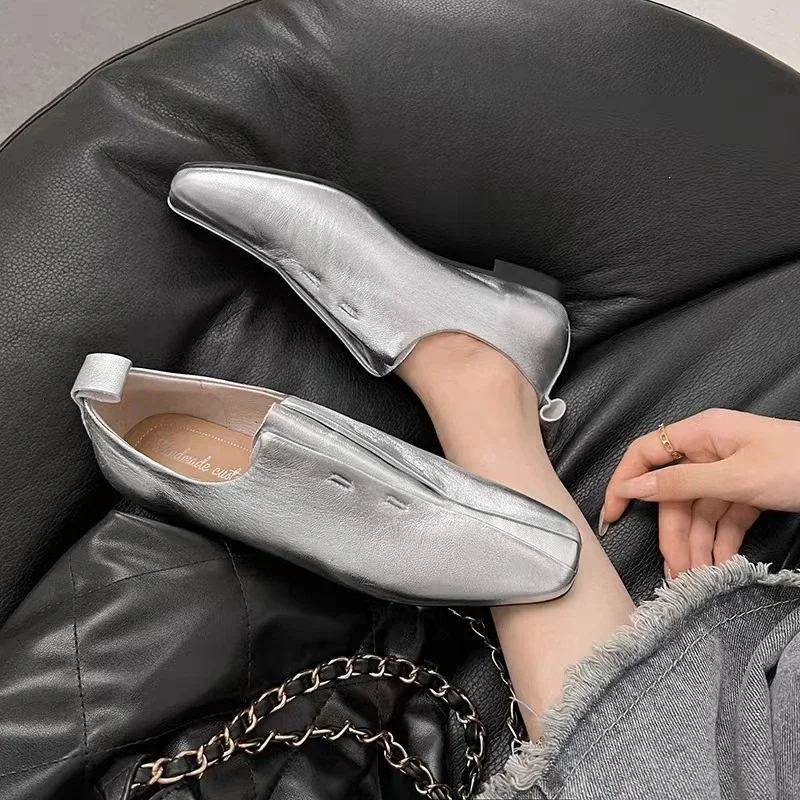 Women Flat Shoes Genuine Leather Sheepskin Comfort Flats Slip On Silver Beige Simple Shoes Spring Autumn Soft Loafers Square Toe