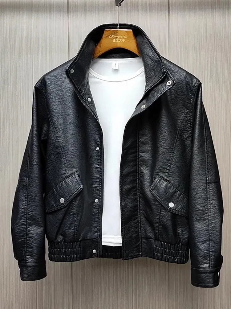 

Мужская кожаная куртка в повседневном стиле, осенне-зимняя, свободного кроя, байкерская куртка с воротником-стойкой, водонепроницаемая, из полиэстера, с длинными рукавами