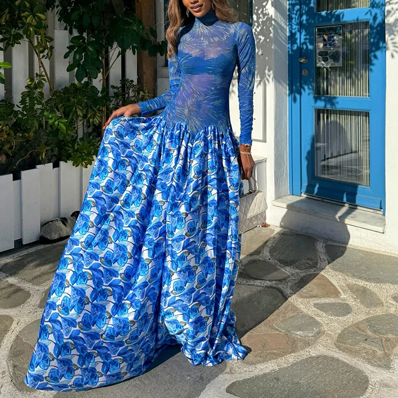 Vestido plisado informal con estampado Floral y cuello medio alto, novedad de otoño, vestido largo empalmado de manga larga para vacaciones, vestido bohe con temperamento para mujer