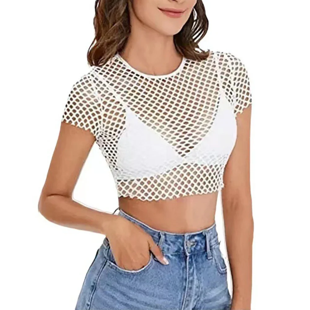 

Trendy Women's See Though Mesh Fish Net Short Sleeve Crop Top T Shirt Blouse in White/Black/Fluorescent Yellow