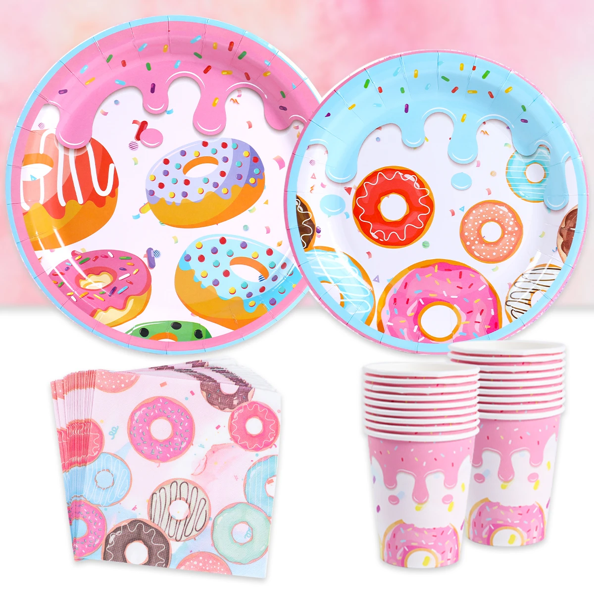 Donut Birthday Party Decoration Disposable Tableware Set Plate Cup Napkins Candy Bags Gift Boxes 1st Birthday Decor Party Favors