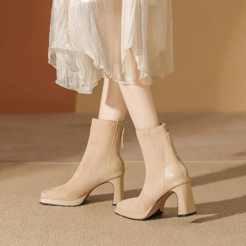 

Autumn Winter New Style Pure White Women's Thick Heel Short Boots With Zipper,Square Toe Comfortable Thick High Heel Shoes YF010