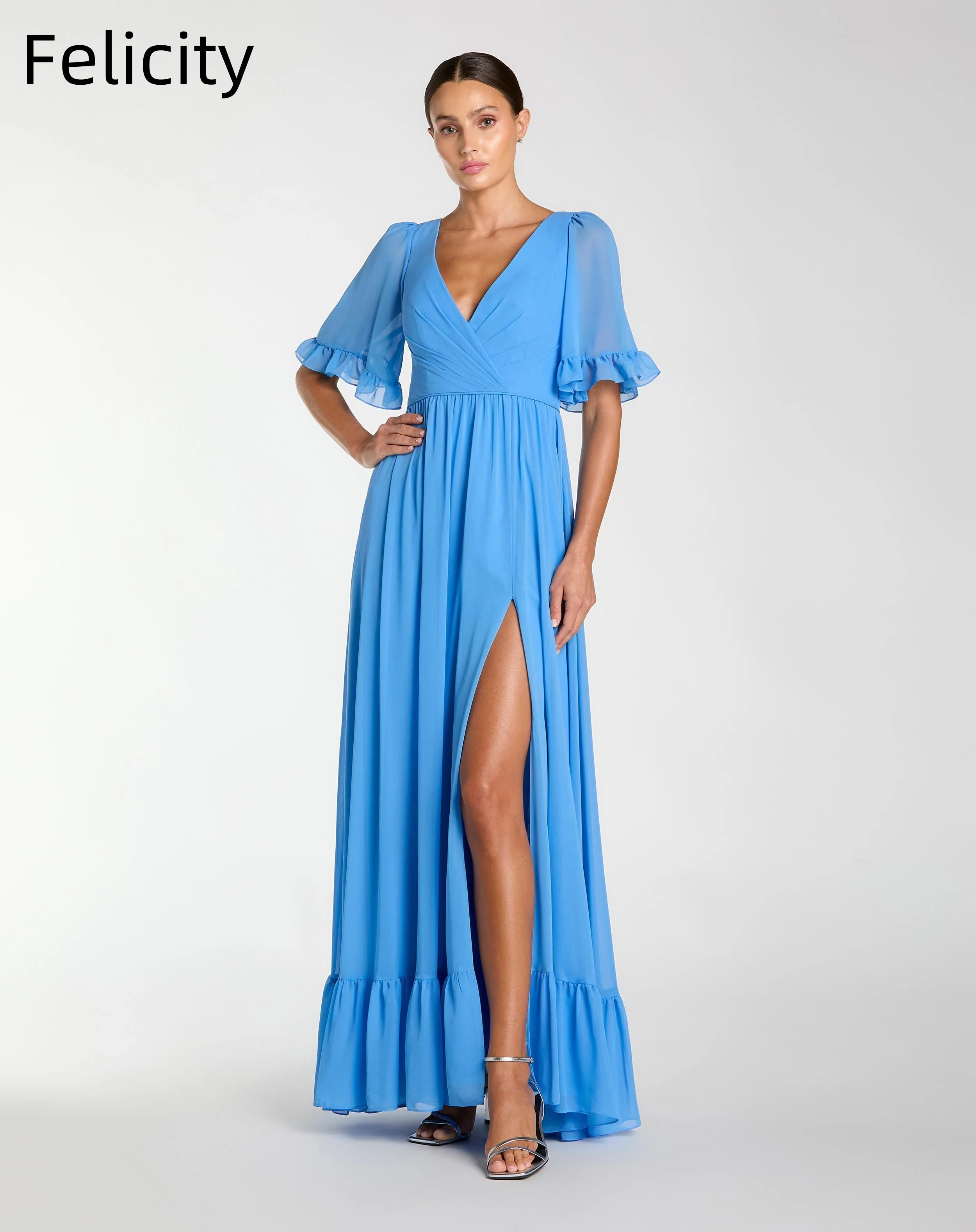 Simple V-neck Mother of the Bride Dresses 2026 Long Wedding Guest Dress With Slit Short Sleeves Elegant Evening Gowns Custom