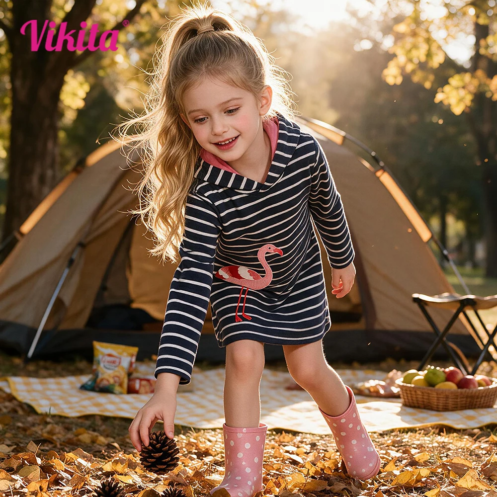 VIKITA: vestido tipo sudadera con capucha y aplicaciones de flamencos para niños pequeños, de algodón, para uso diario, ideal para la escuela, con diseño a rayas, para el otoño e invierno.