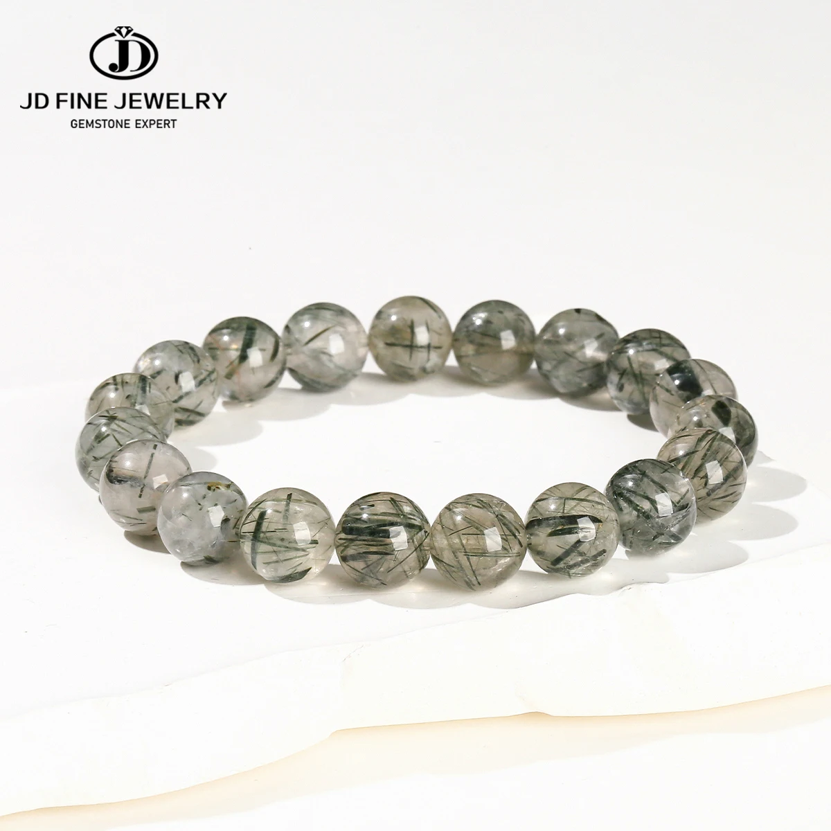 

JD 3A Natural Stone Green Rutilated Quartz Round Bead Bracelet Women Men Fashion Reik Healing Stretch Crystal Power Jewelry Gift