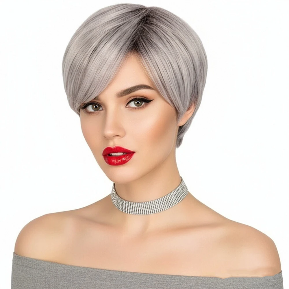 

Synthetic Short Pixie Cut Straight Wig Mixed Silver White Wigs with Side Bang for Women Daily Wear Breathable Fake Hair