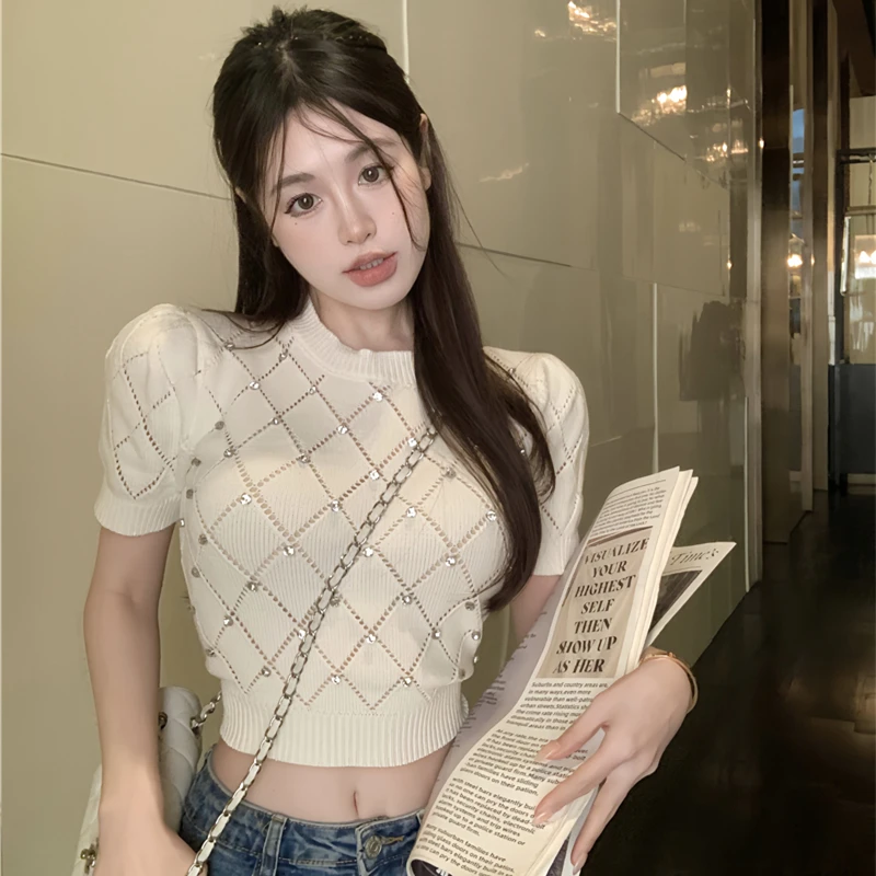 Sweet Spicy Short Sleeve Knitted Base Shirt Women's Summer Heavy Duty Gentle Slim Fit Short Style Inner Wear Top