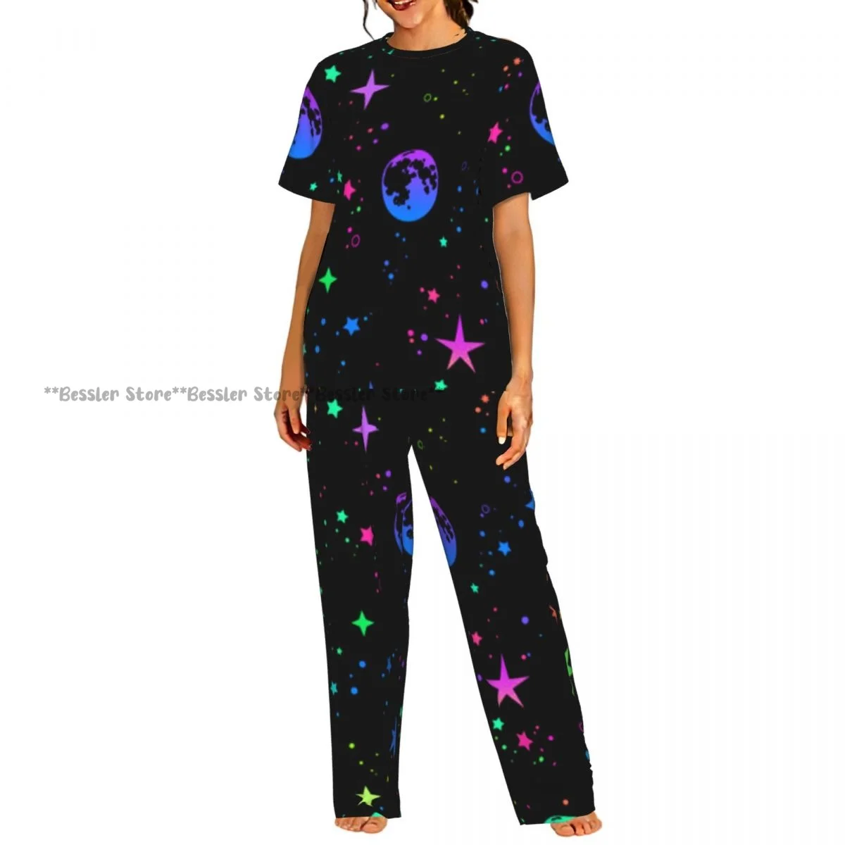 

Women's Comfort Pajamas Women's Space Colorful Stars And Moons Short Sleeve Set Sleepwear