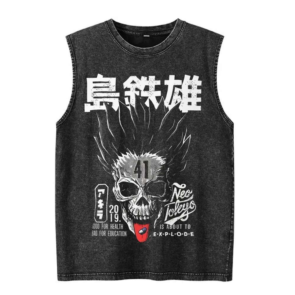 Anime Akira Movie Science Fiction Shotaro Kaneda Shima Tetsuo Vintage Washed Tank Tops Men's Clothing Sleeveless Vest T-shirts