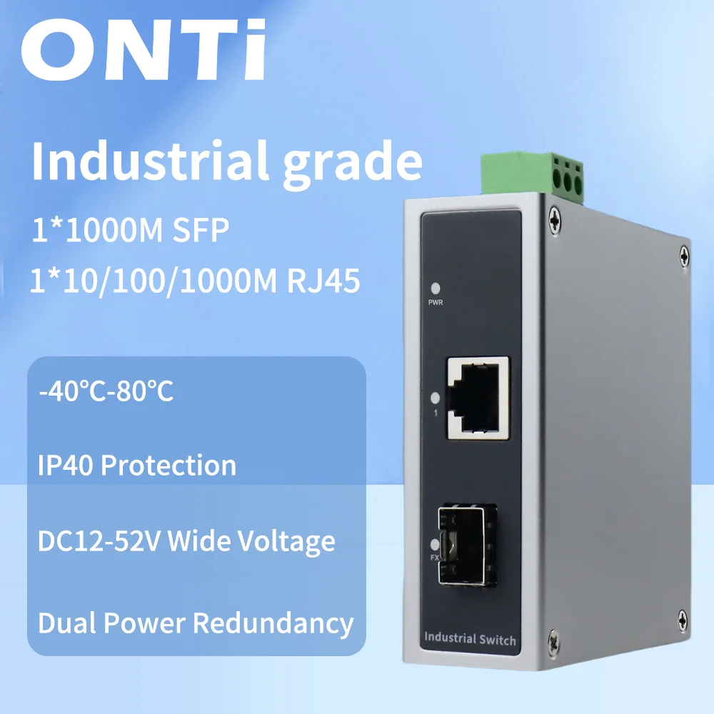 

ONTi Gigabit Unmanaged Industrial Media Converter with 1*1000M optical port + 1*1000M electrical port,DIN Rail Mounting,MAC 2K