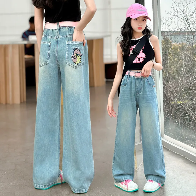 Celana anak perempuan bayi Musim Panas 2024 Jeans tipis anak-anak dan anak perempuan musim semi/musim panas Denim sabuk lembut mode nyaman biru muda