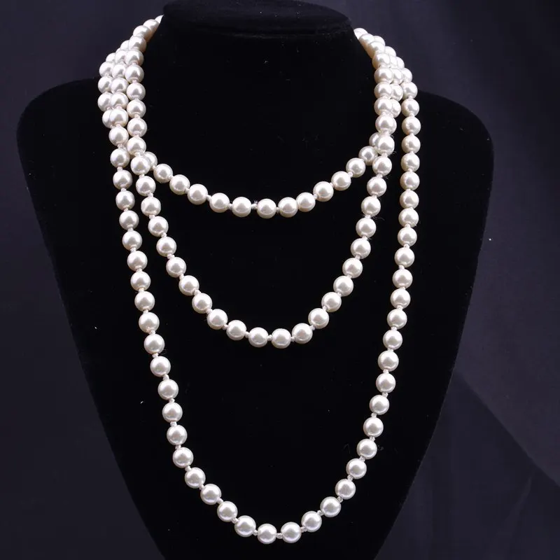 1.5m -8mm fashion glass imitation pearl necklace women\'s simple knot multi-layer long sweater chain clothing accessories 2021