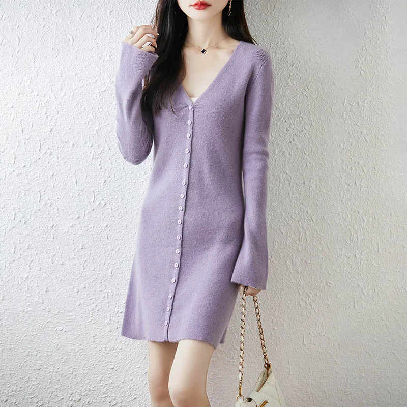 

Fall/Winter 2025 V-neck Slim Dress French Waist Slimming Single-Breasted A-Line Short Skirt Female