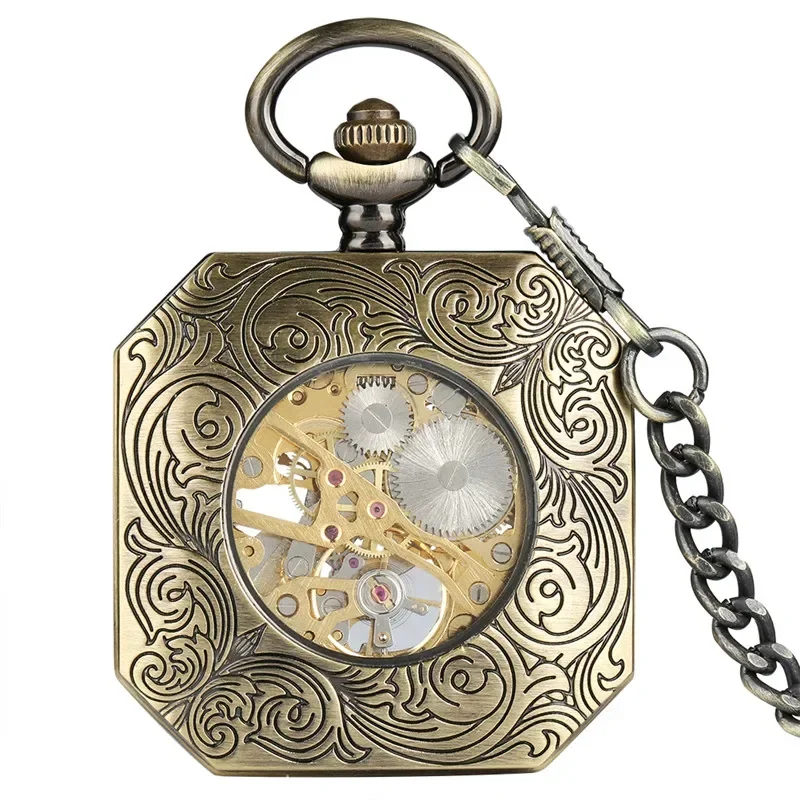 Steampunk Open Face Men Women Hand-winding Mechanical Pocket Watch Roman Numerals Pendant Chain Fob Skeleton Clock
