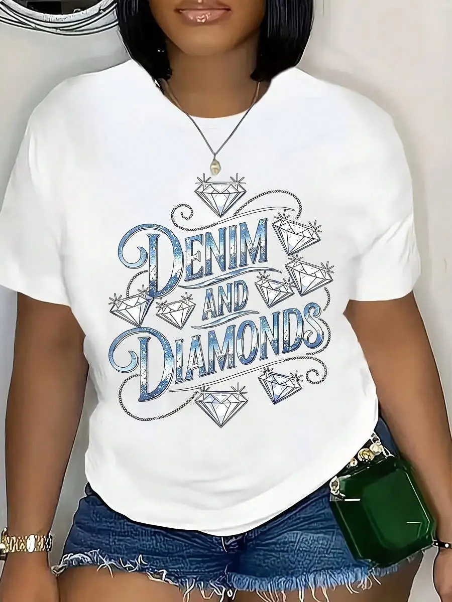 Denim And Diamonds Graphic T-Shirt Women Fashion Statement Shirt Casual Wear Top Summer Outfit Choice, It Is A Perfect Gift To Give To Friends An
