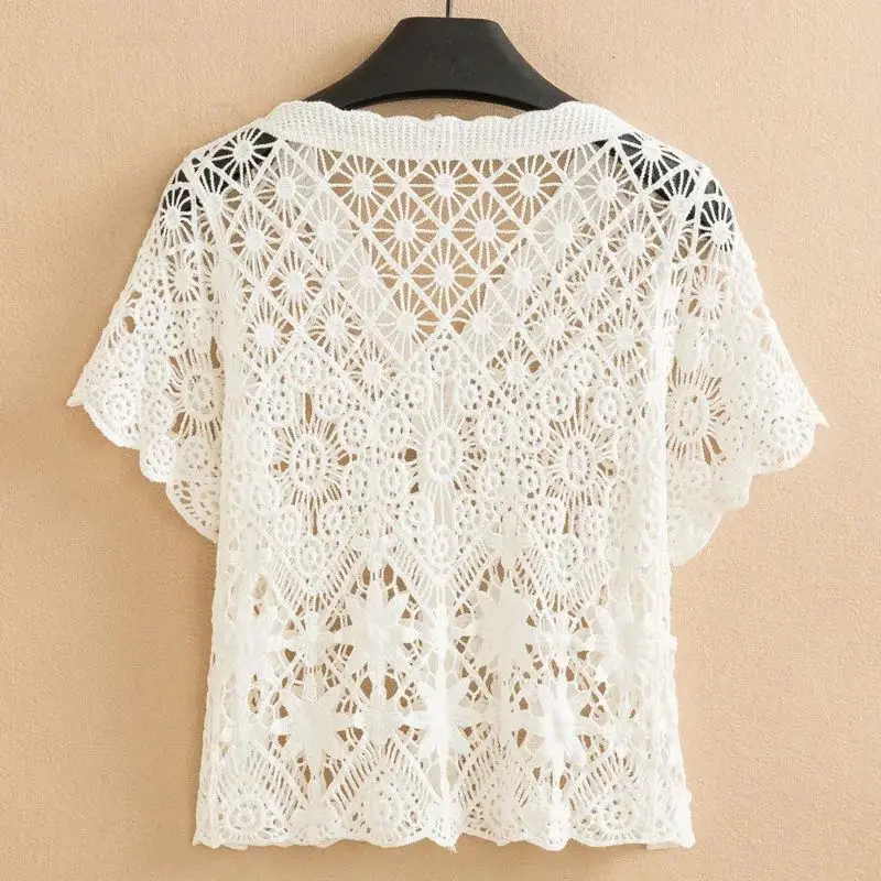 Women\'s Summer Thin Knitted Cardigan Korean Version V-Neck Top Hollowed Out Embroidered Lace Short Tops Ropa De Mujer Ofertas