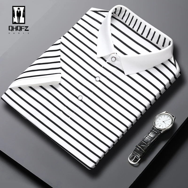 2024 Men\'s New Striped Cotton Business Casual Short Sleeved POLO Shirt Fashion Short Sleeved Comfortable and Breathable Top