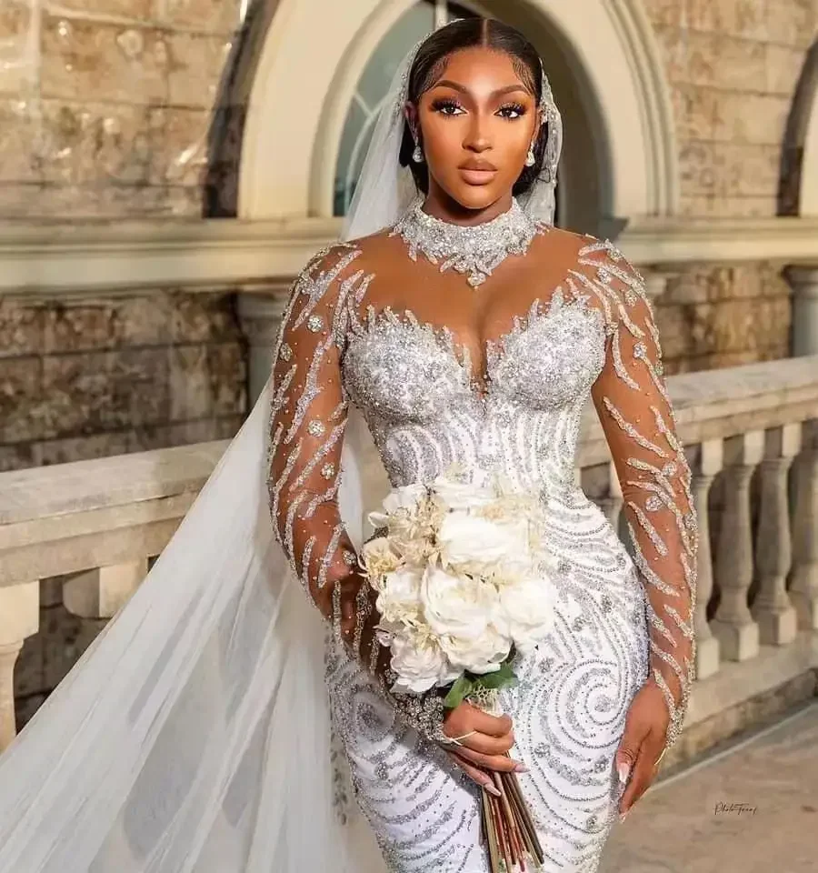 Angepasst Exquisite Luxus Meerjungfrau Sheer High Neck Perlen Spitze Schwere Kristalle Plus Größe Party Kleider Frauen Lange Hochzeit