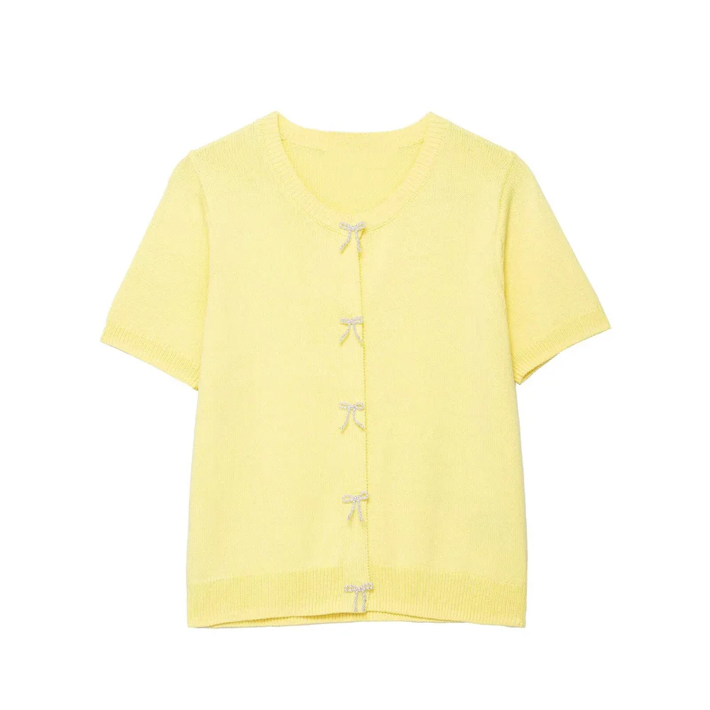 

Taop&Za women's summer new round neck short sleeved artificial pearl bow decoration solid color slim knit jacket