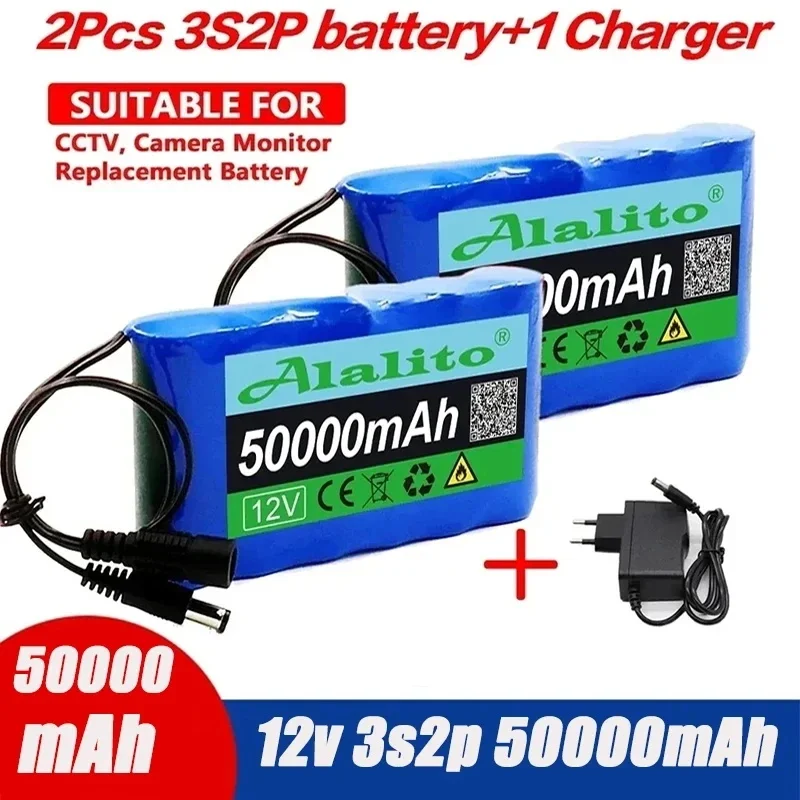 18650 3S2P 12V 50000mah Original Lithium Ion Battery DC 12.6V 50Ah Rechargeable CCTV, Camera Monitor Replacement Battery + Charg