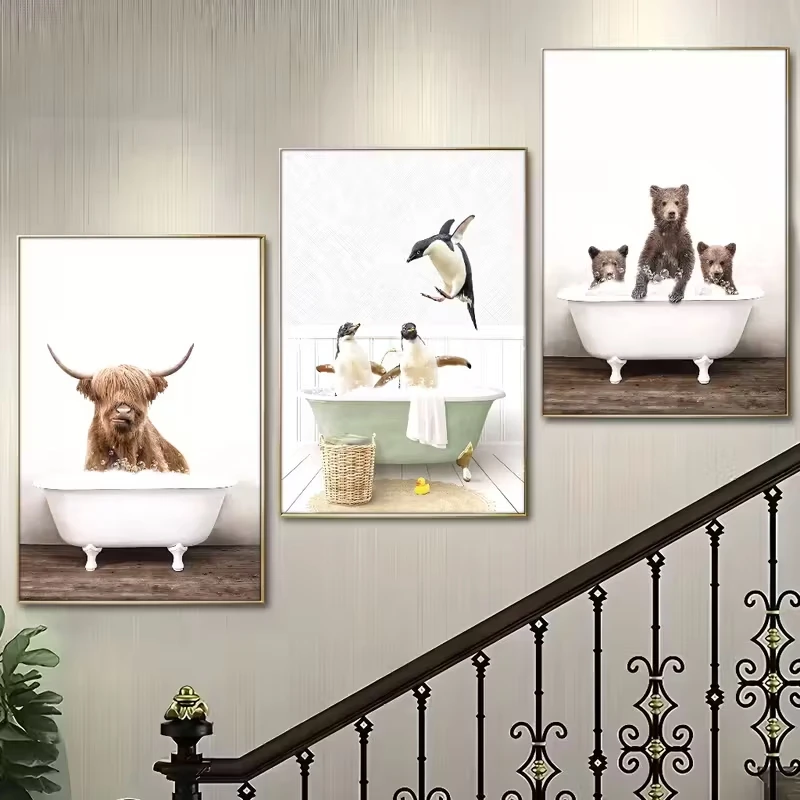 

3pcs Highland Cow Penguins and Bear Animals in The Bathtub Canvas Poster Picture Wall Art Living Room Bathroom Home Decoration