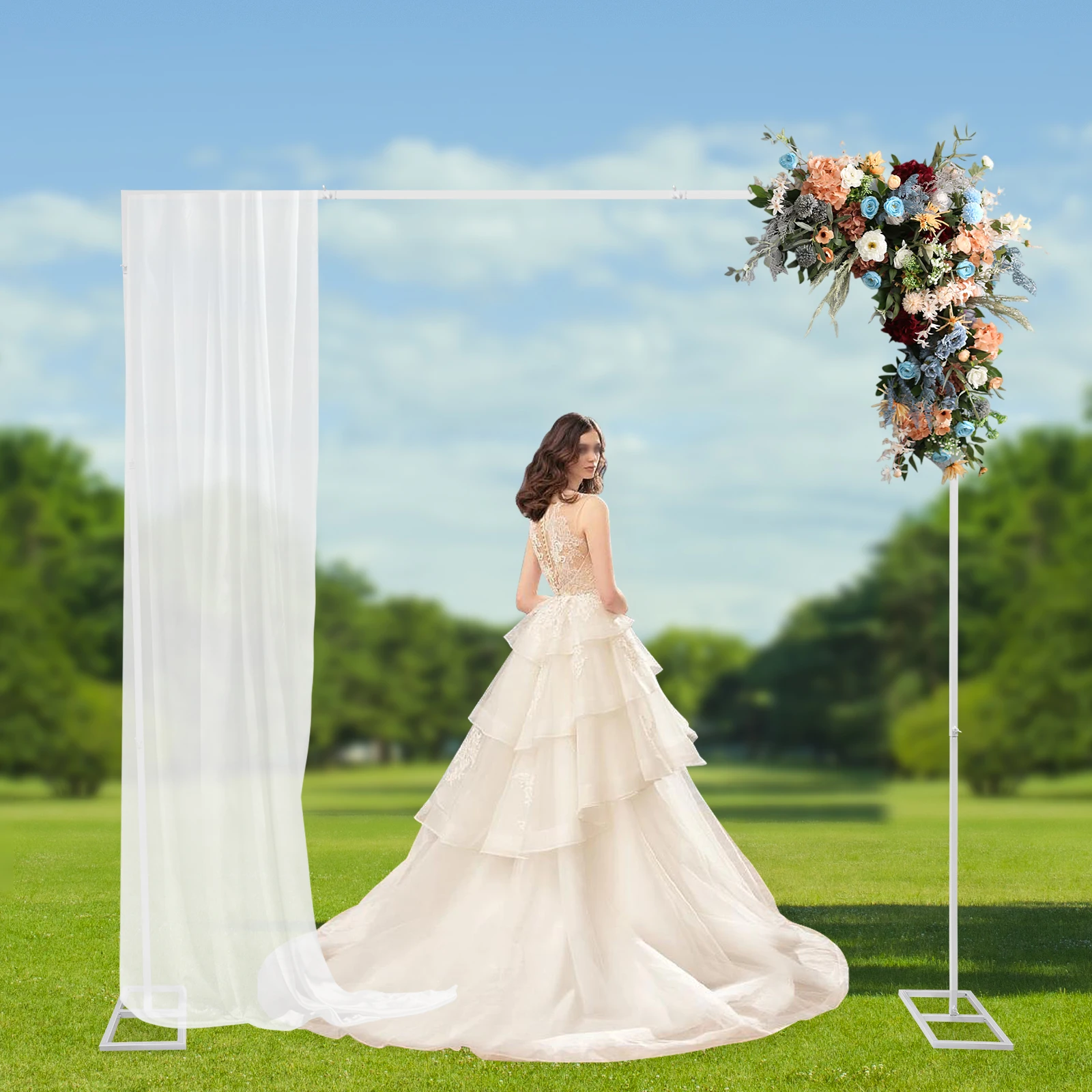 Wedding Arch Square Background Stand, 8FT x 8FT Portable Metal with Base, Heavy Duty Pipe and Drape Backdrop Kit for Decorations