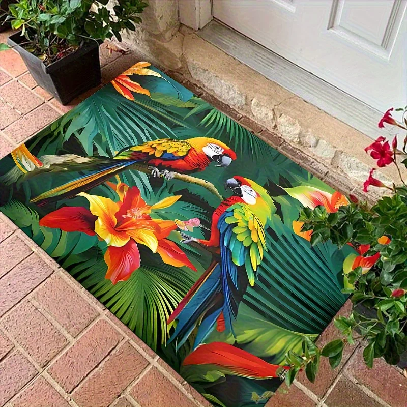 1pc Colorful‑Leaf‑Parrot Print Welcome Doormat, Washable Indoor Outdoor Floor Mat for Living Room, Bedroom, Kitchen