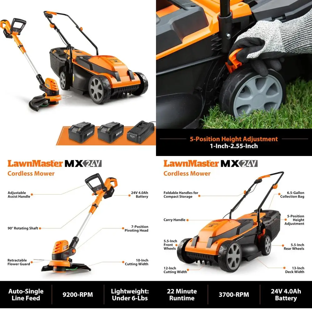 جزازة LawnMaster 20VMWGT 24V عالية الأداء مقاس 13 بوصة ومجموعة أدوات تشذيب 10 بوصة مع بطاريتين وشاحنين 4.0 أمبير في الساعة