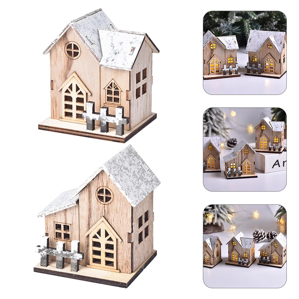 

2pcs Luminous Wooden Small House Christmas Decoration Mini Home Ornament Tabletop Festival Gift Xmas Decor Supply