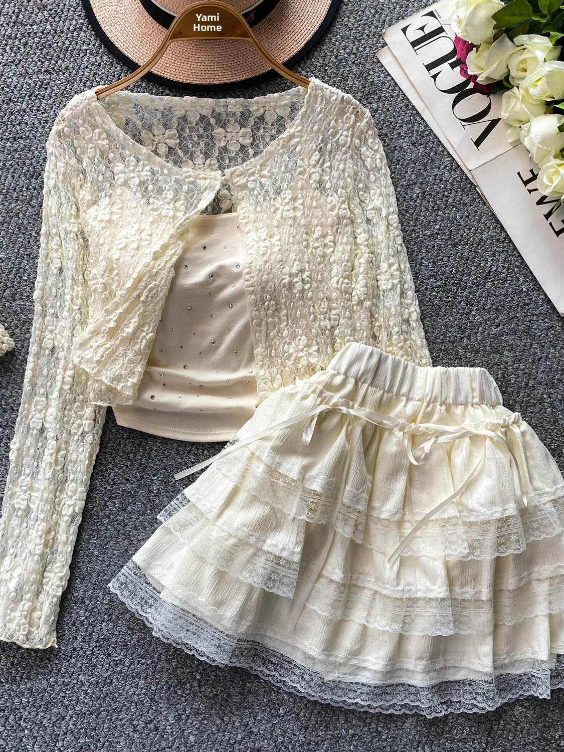 

Chic Lace Outerwear with Rhinestone Strap And Pad Bralette Three Piece Set Cute Flirty Cake Skirt Fashionable Commute Style