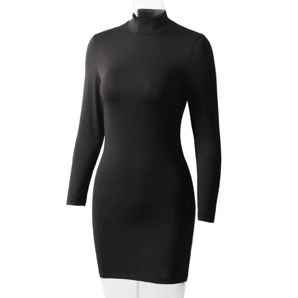 فستان نسائي قصير بأكمام طويلة ياقة مدورة ، ضيق ، قصير ، نحيف ، مثير ، أساسي ، وركين ، ربيع ، خريف ،