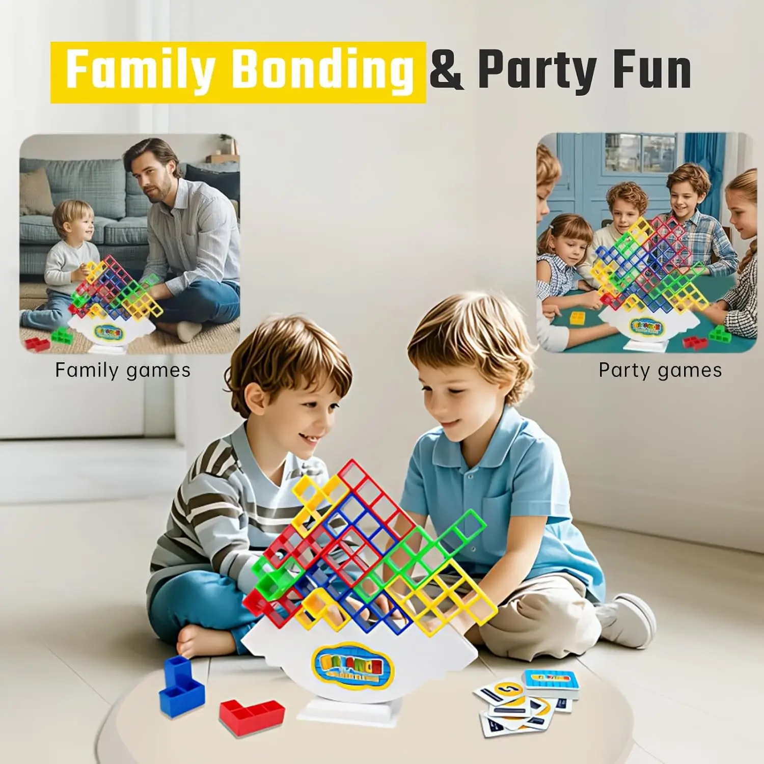 Jogo Tower Stack 32PCS com 22 cartas de jogo |   Blocos de construção de equilíbrio para crianças e adultos |   Jogos de tabuleiro para festas familiares, ecológicos