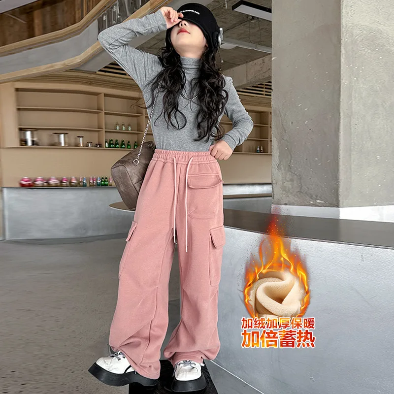 Winter Girls Fleece Cargo Pants Thick Warm Casual Sweatpants for Kids Elastic Waist Pockets Teen Children Trousers 8 10 12 Years