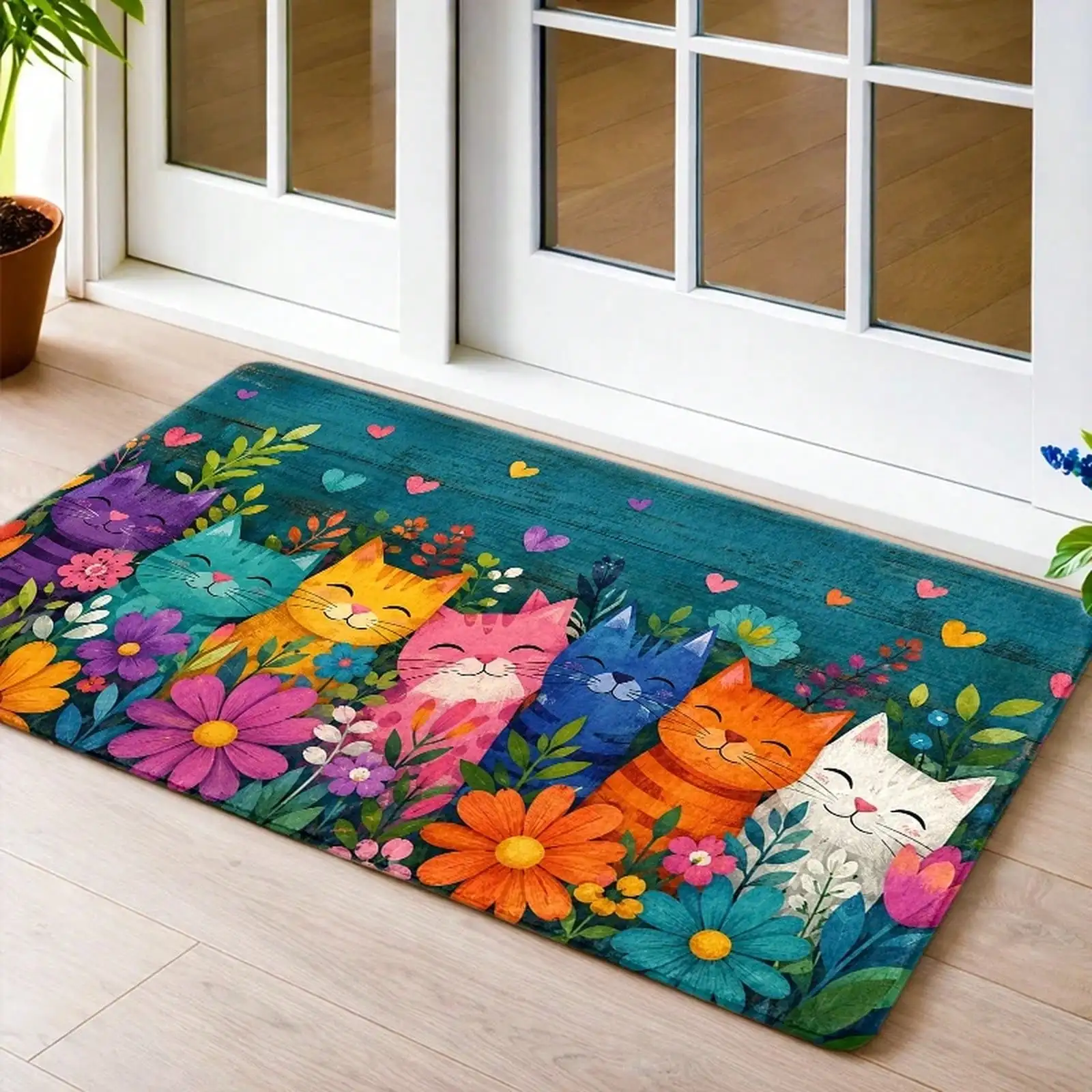 1pc,, Durable, Stain - Resistant, - Washable Doormats, Cartoon Cats And Flowers Printed Bath, Floor, Carpet, Entrance, Door, Bedroom Rug, Front Door, Kitchen