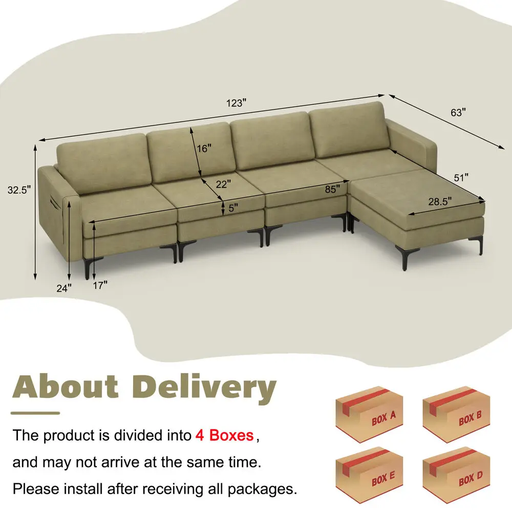 Costway Modular L-shaped Sectional Sofa w/ Reversible Chaise & 2 USB Ports Green