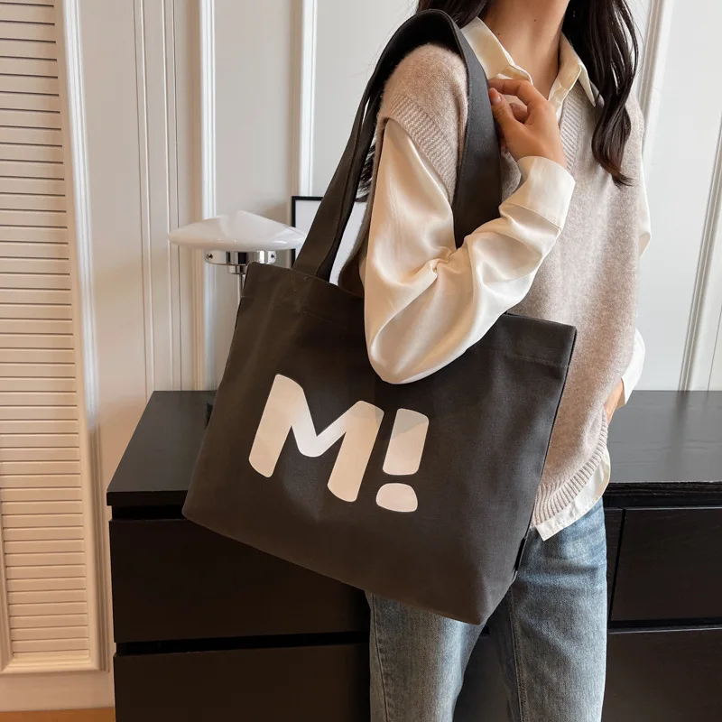 New Simple Large Capacity Canvas Bag Letter Printing Tote Shoulder Bag Casual Solid Color Storage Bag Handbag Trendy All-match