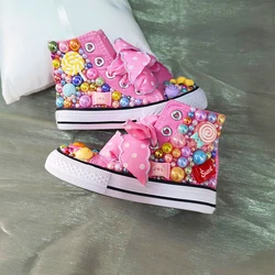 Kids Shoes Name Photo Custom Design For Girl Birthday Party Canvas Dollbling Handmade Bling Rainbow Pearls Sneakers