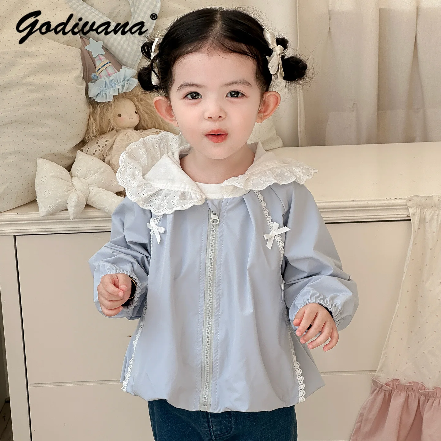 

2026 Spring New Little Girls Hooded Coat and Jeans Sets Sweet Bow Lace Patchwork Zipper Top Ruffle Denim Pants 2 Piece Sets