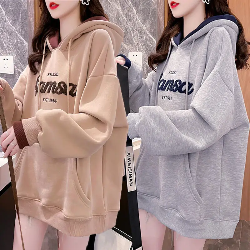 

Preppy Style Letter Print Pullover Hoodies Women Fashion Korean Autumn Winter Thicken Long Sleeve Loose Hooded Sweatshirts