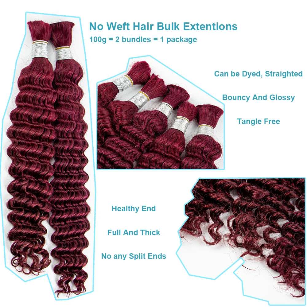 NABI Burgundy Human Hair Bundles Bulk Deep Wave Hair Extensions Bulks No Weft Curly Human Hair Braiding Bundles for Boho Braids