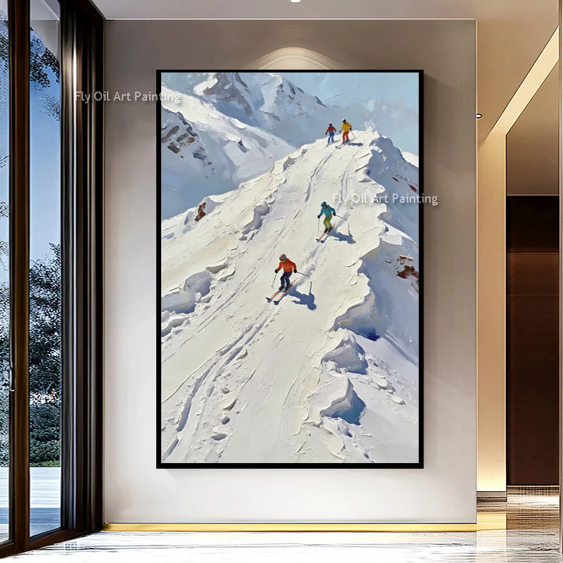 Modern People Skiing On Snow Mountains Canvas Thick Oil Painting Hand Made White Blue Snow Mountain Home Wall Decor Items