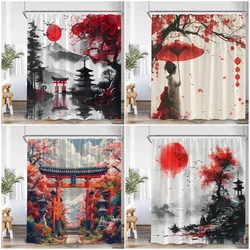 Samurai Geisha Japanese Style Ink Painting Shower Curtain Japan Shrine Red Sun Mountain River Pink Cherry Blossom Bath Curtain