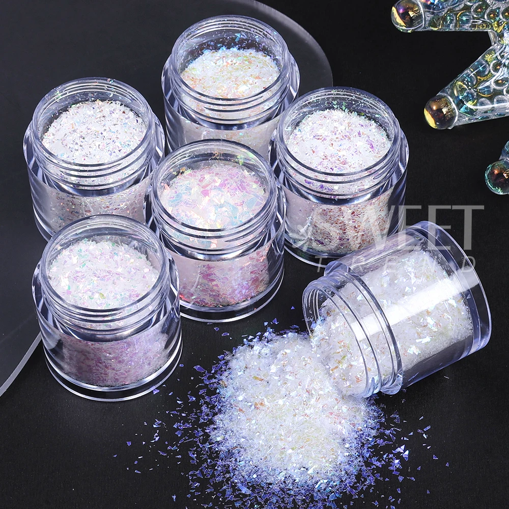 6 botellas de lentejuelas blancas iridiscentes para decoración de uñas, lentejuelas brillantes de sirena, Aurora, rodajas irregulares, escamas, lentejuelas, decoraciones para manicura