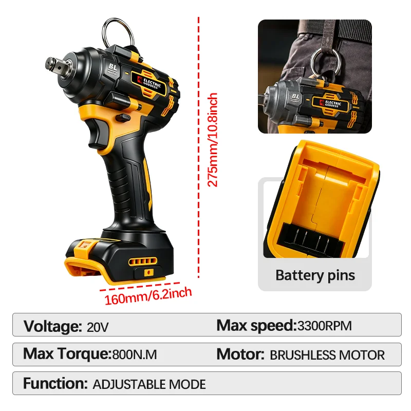 800N.M Brushless Cordless Wrench Electric Impact Wrench for Car Truck Repair Power Tools for Dewalt 20v Battery Pin (No Battery)