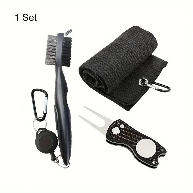 1 Pc Black Golf Towel Microfiber Waffle Pattern Golf Towel ( 30*50cm, 12*20in ) | Club Groove Cleaner Brush | Foldable Divot Rep