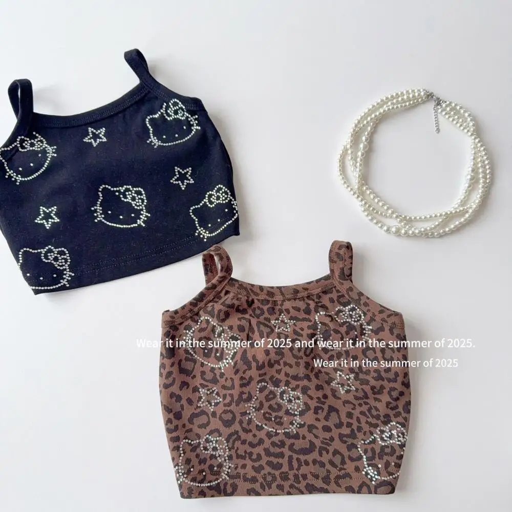 

Sanrio Hello Kitty жилет на бретельках для девочек, новинка лета с героями мультфильмов Ins, маленький жилет с леопардовым принтом, короткая стильная маленькая футболка на подтяжках, топы