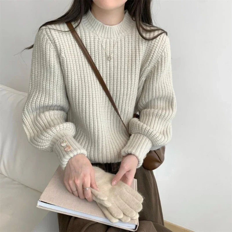 Korean Fashion Women Pullover Soft Cable Knit Crop Sweater Long Sleeve Crew Neck Box-fit Plain Jumper Teen-girl Fall Winter