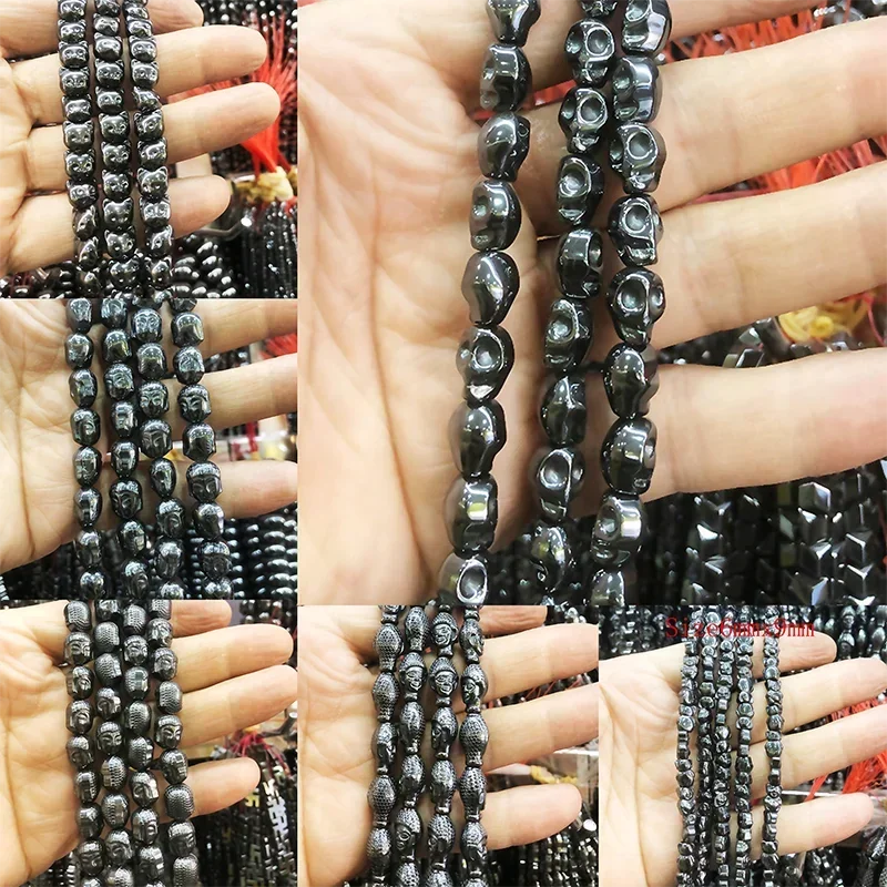 15inch Lion Buddha Maitreya Head Black Hematite Beads Natural Stone Loose Beads Jewelry Bracelet Making DIY Findings Accessories