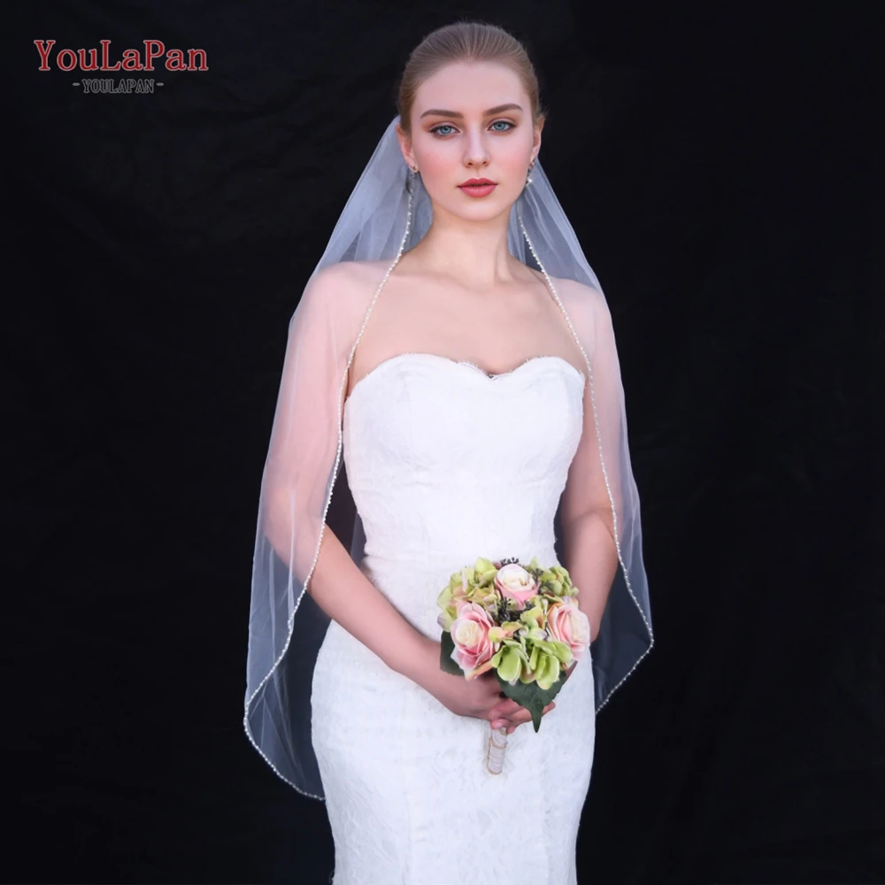 YouLaPan Wedding Veil with Crystal Edge Elbow Length Bridal Veil Pearl Beaded Eleglant 1 Tier Veils for Christian Church V197